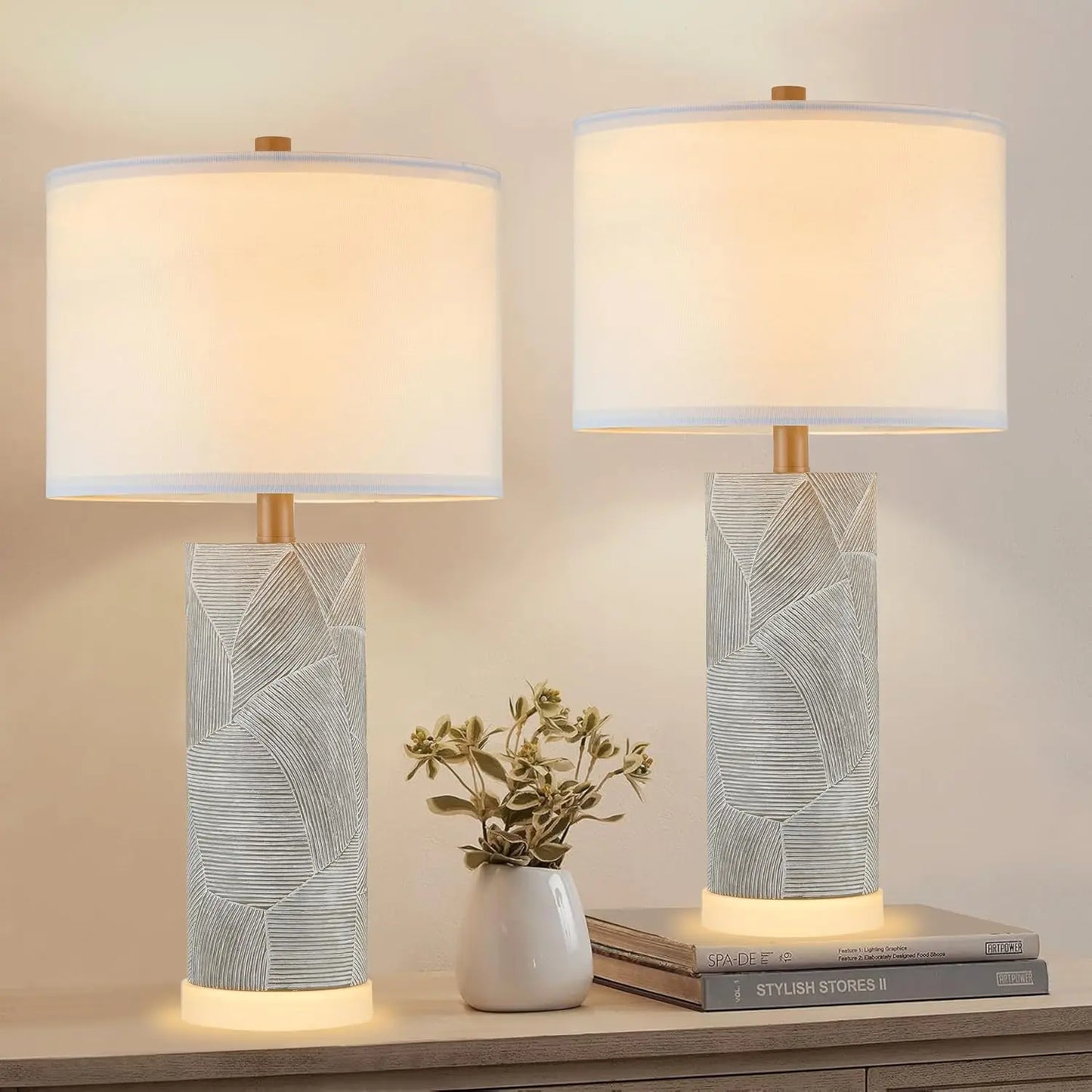 23.25 Table Lamps for Living Room Set of 2 Distressed Gray Table Lamps with Luminous LED Base Bedside Table Lamps for Bedroo