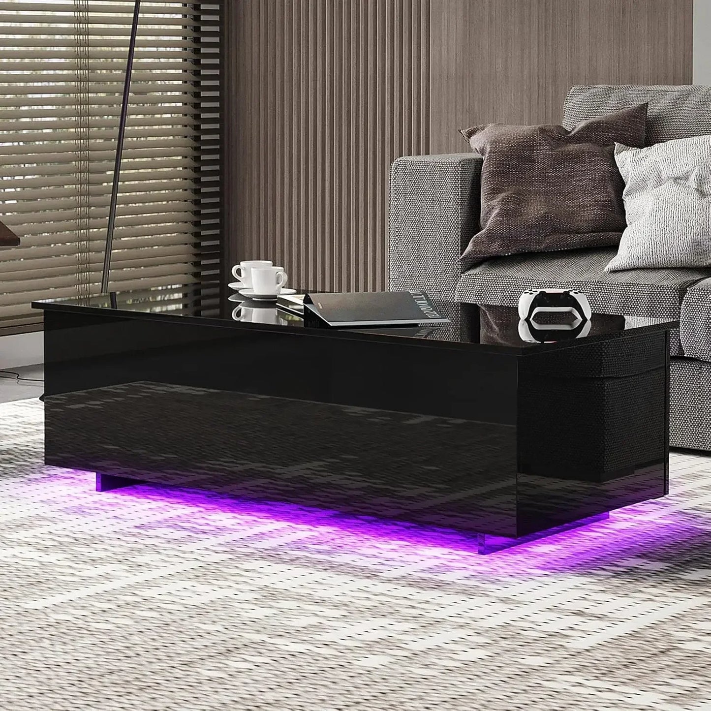 Led Coffee Tables for Living Room - High Gloss Table with Led Lights, 20 Colors Controlled by Remote or App
