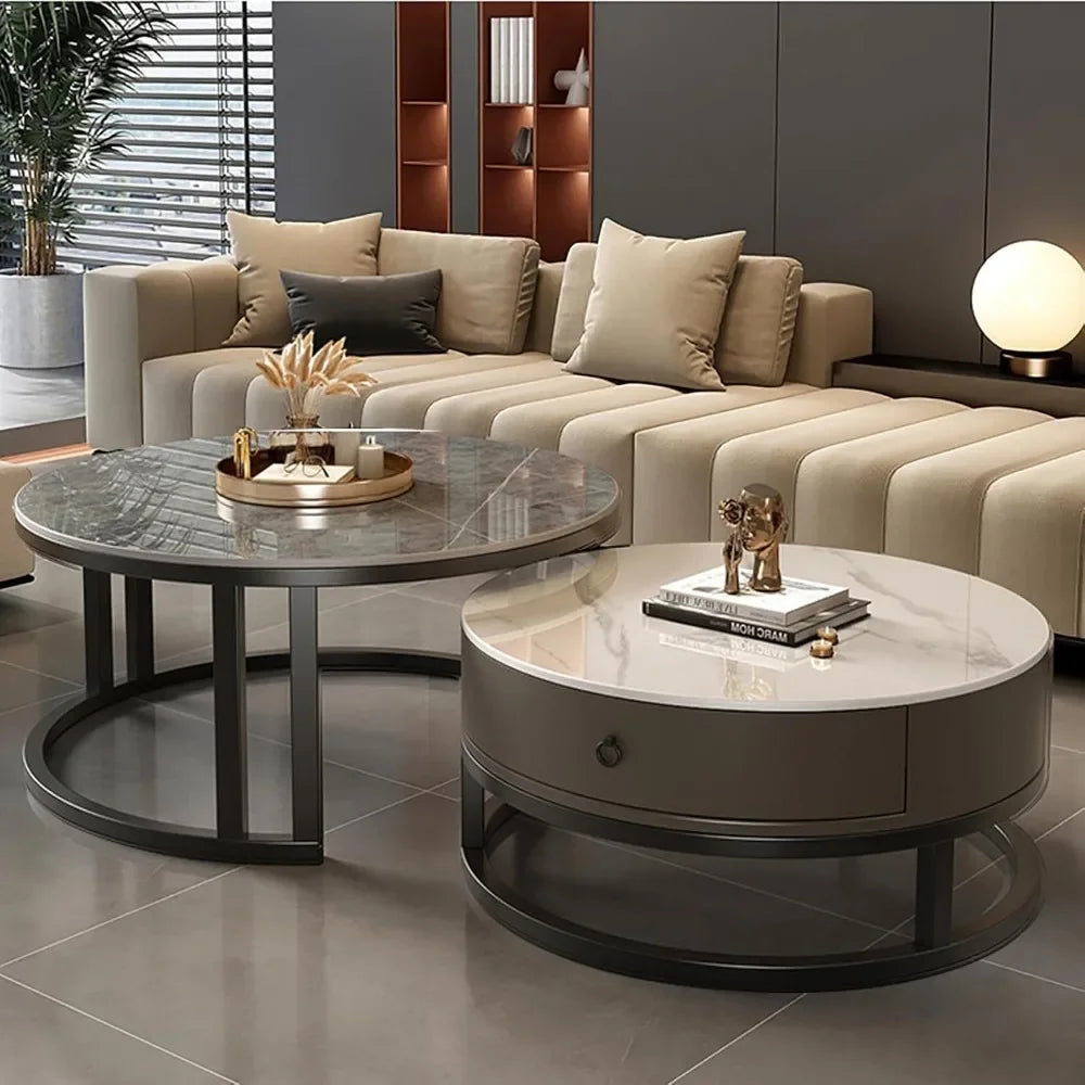 Modern Nesting Coffee Table with drawer,round,soild wood tabletop,metal frame,simple Sliding design tea table for Living Room
