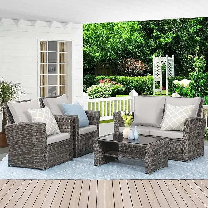 4 Piece Outdoor Patio Furniture Sets, Wicker Conversation Set, Gray Rattan Sofa Chair with Cushion, Garden Furniture Set