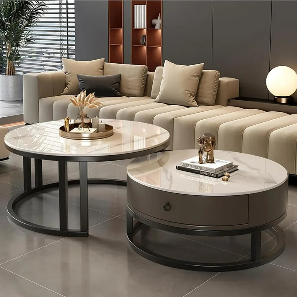 Modern Nesting Coffee Table with drawer,round,soild wood tabletop,metal frame,simple Sliding design tea table for Living Room