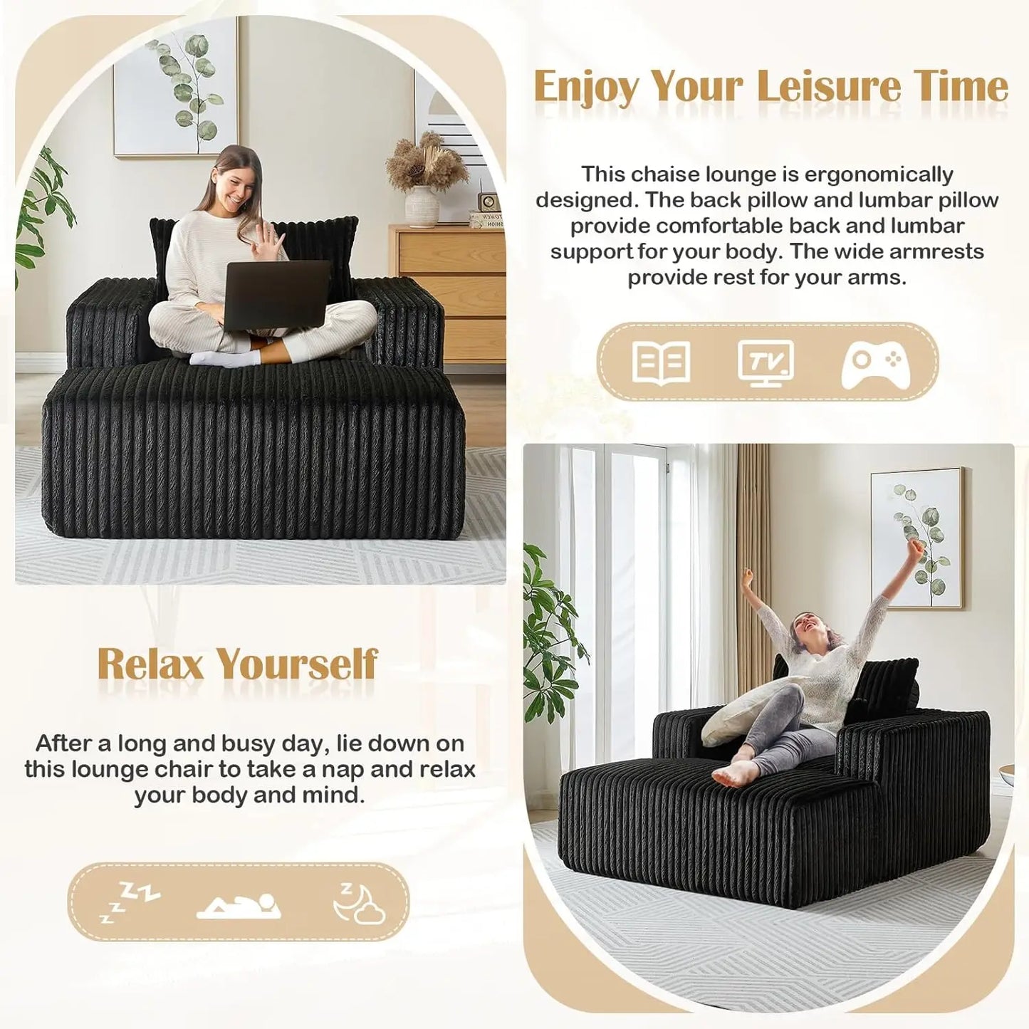 Oversized Chaise Lounge Chair Indoor,48.5" Upholstered Plush Corduroy Sofa W Armrests&Pillows,Comfy Lounge Sofa Deep Seat Sofa