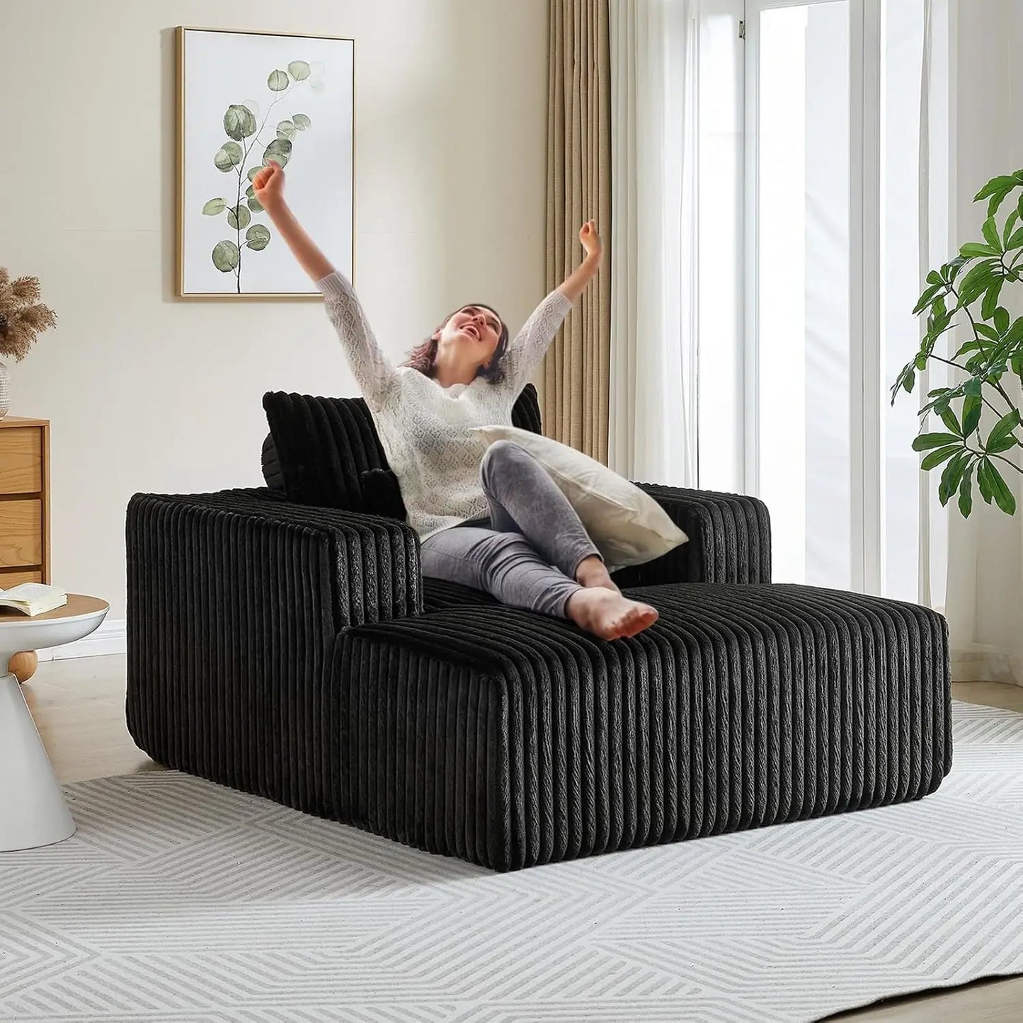 Oversized Chaise Lounge Chair Indoor,48.5" Upholstered Plush Corduroy Sofa W Armrests&Pillows,Comfy Lounge Sofa Deep Seat Sofa