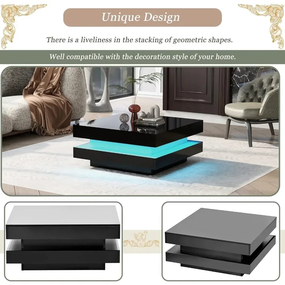 Coffee Table Modern Minimalist Design High Gloss 31.5 Inch 2 Tier Square with Plug-In 16 Color LED Lights Café Tables
