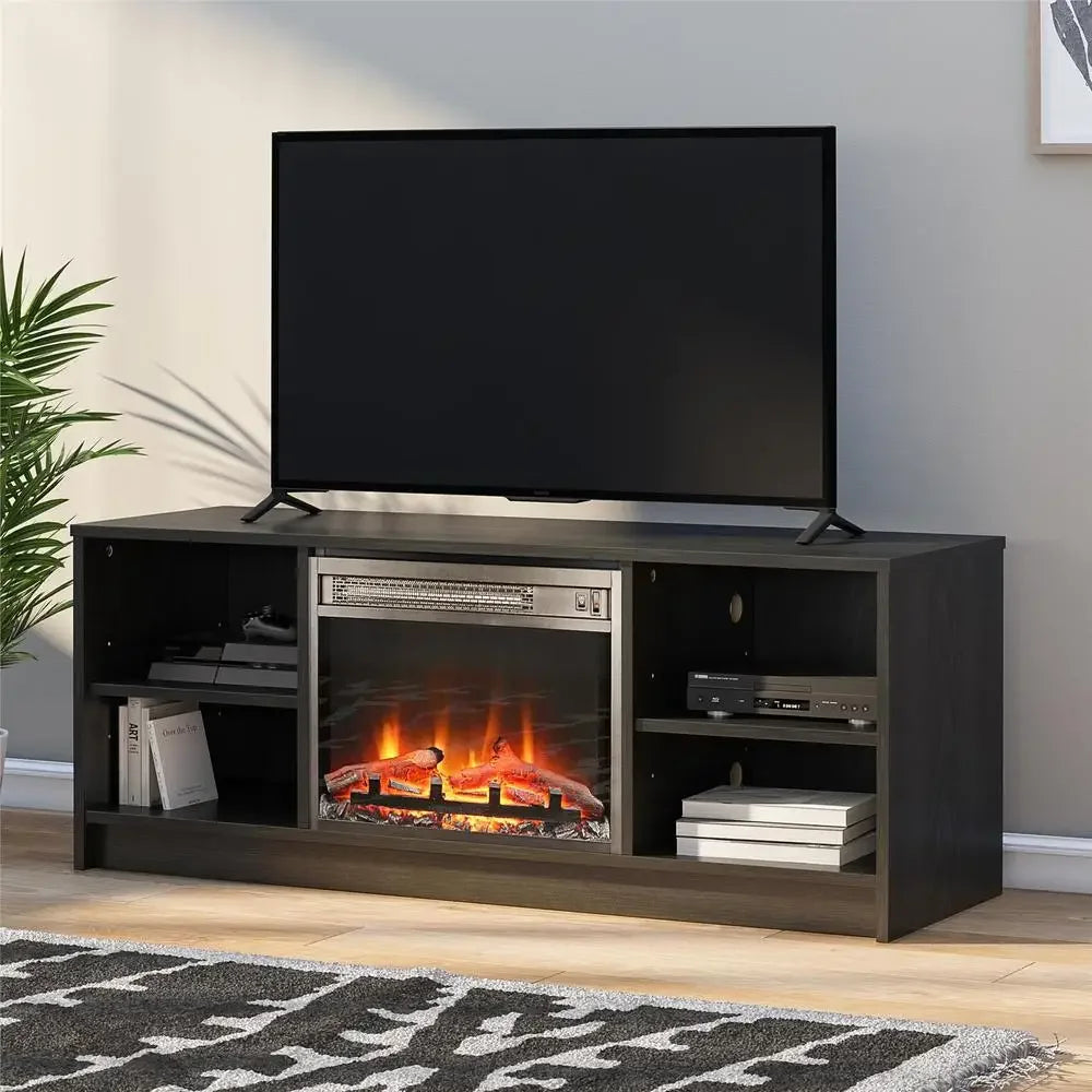 Electric Fireplace TV Stand Black Oak Media Storage Console Heater LED Flames Adjustable Shelves 55" TV 47.44"x15.67"x18.58" H