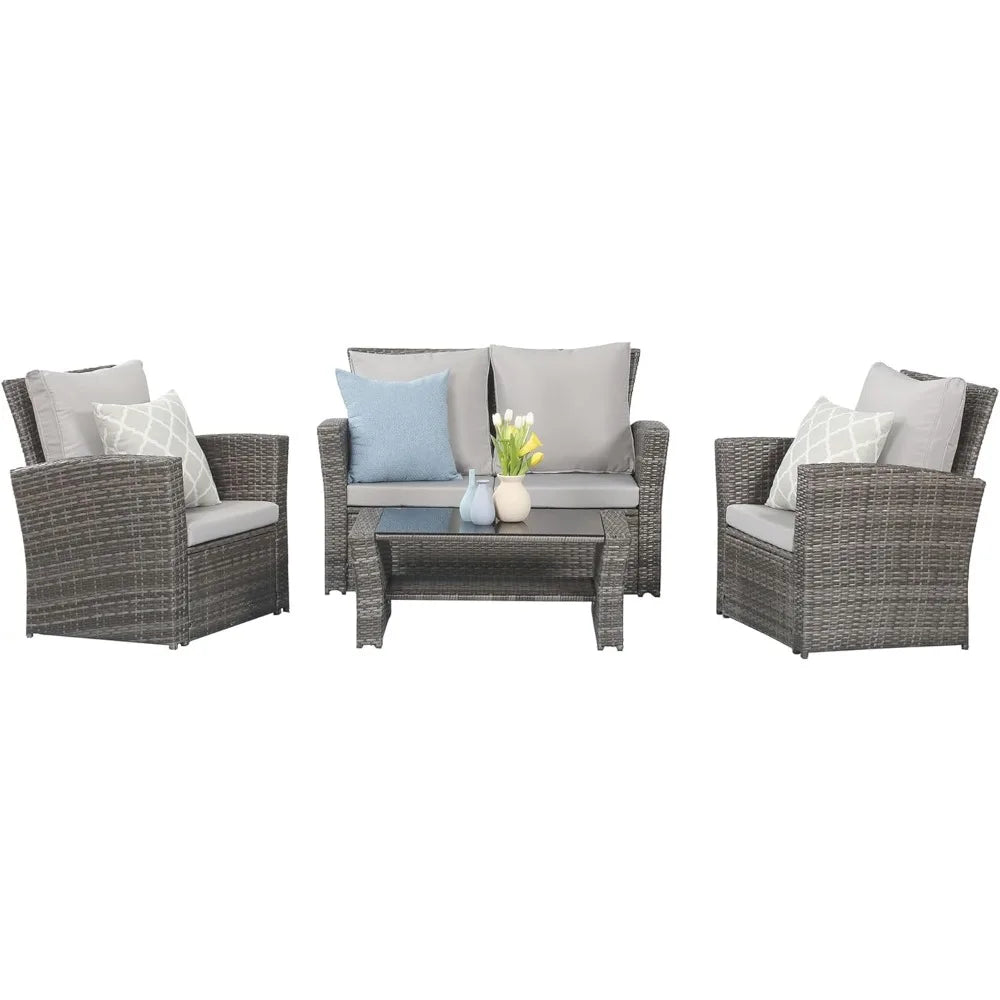 4 Piece Outdoor Patio Furniture Sets, Wicker Conversation Set, Gray Rattan Sofa Chair with Cushion, Garden Furniture Set