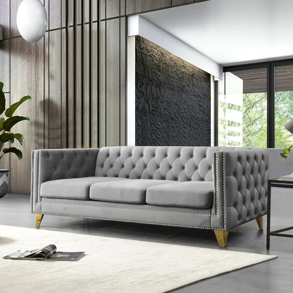 Velvet 3-seater sofa, comfortable living room sofa with tufted back and stud trim, padded couch, solid gold metal tapered legs
