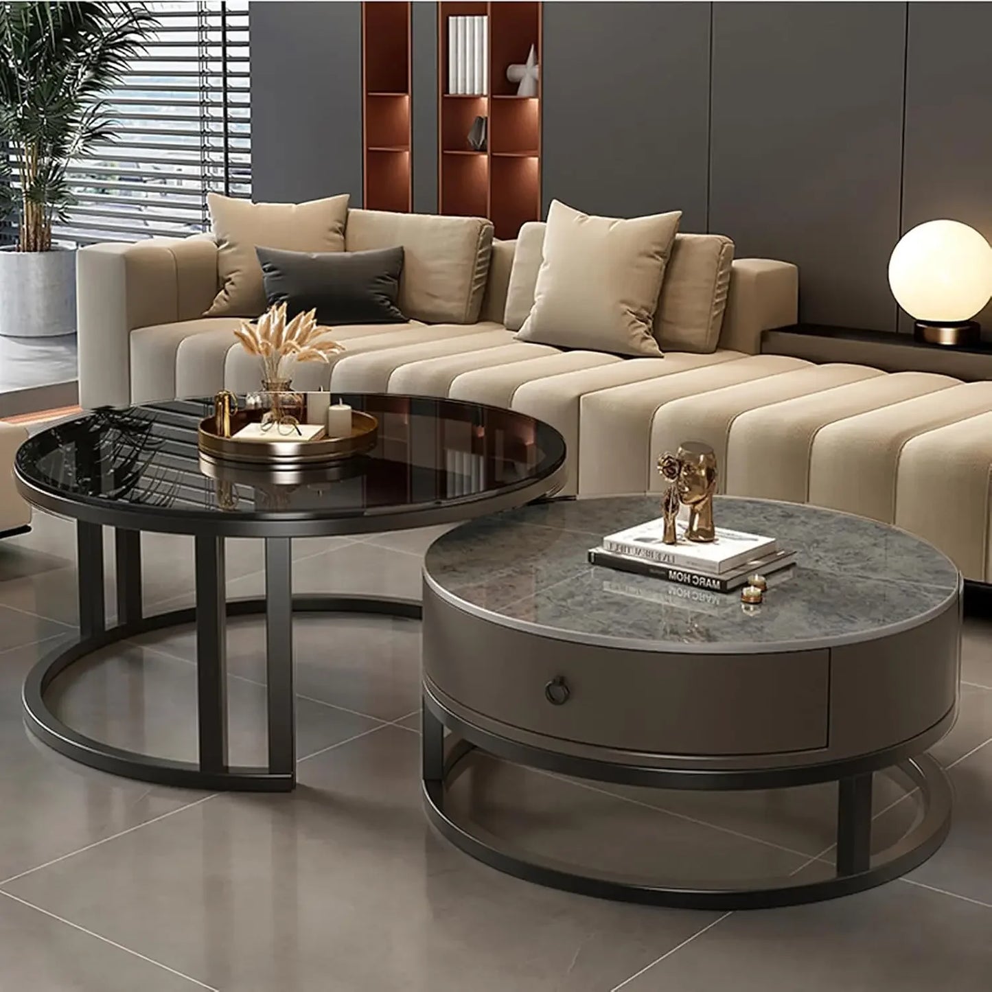 Modern Nesting Coffee Table with drawer,round,soild wood tabletop,metal frame,simple Sliding design tea table for Living Room