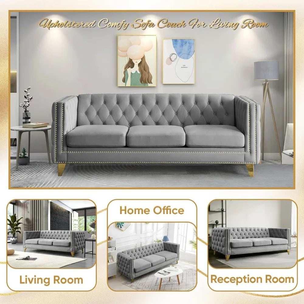 Velvet 3-seater sofa, comfortable living room sofa with tufted back and stud trim, padded couch, solid gold metal tapered legs