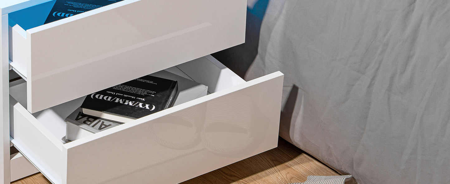Nightstand RGB LED Light Bedside Table Cabinet with 2 Drawer Bedroom High Gloss