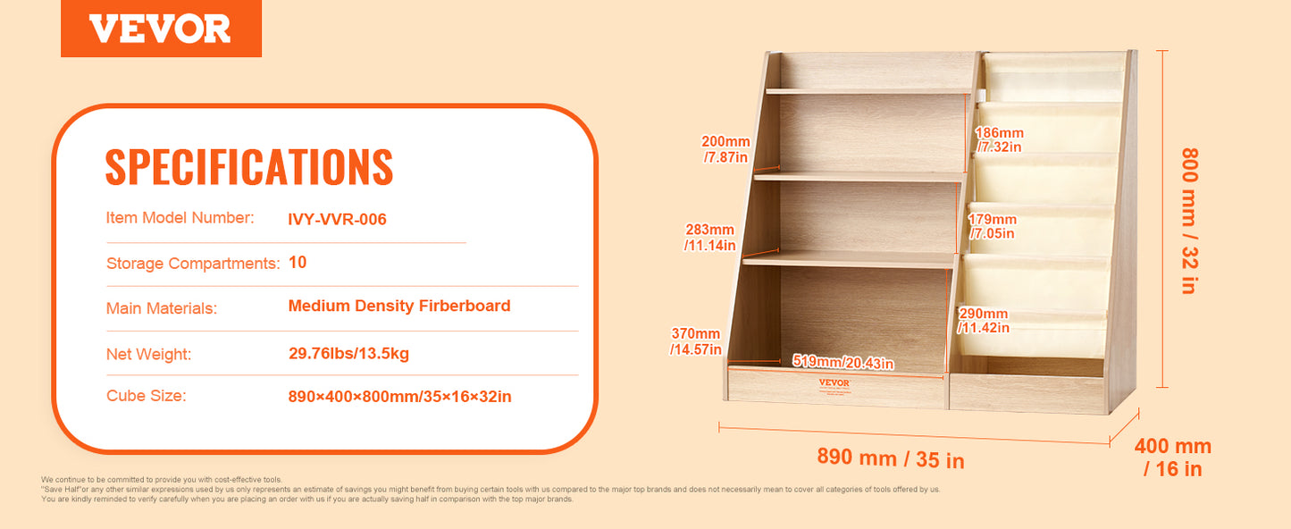 VEVOR 4-Tier Kids Wooden Bookshelf Six-Layer Sling Bookcase Baby Storage Book Rack for Kids Room Playroom Kindergarten Nursery