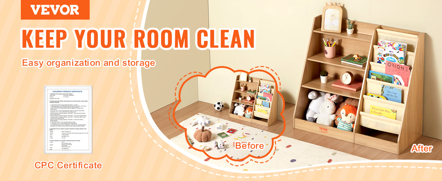 VEVOR 4-Tier Kids Wooden Bookshelf Six-Layer Sling Bookcase Baby Storage Book Rack for Kids Room Playroom Kindergarten Nursery