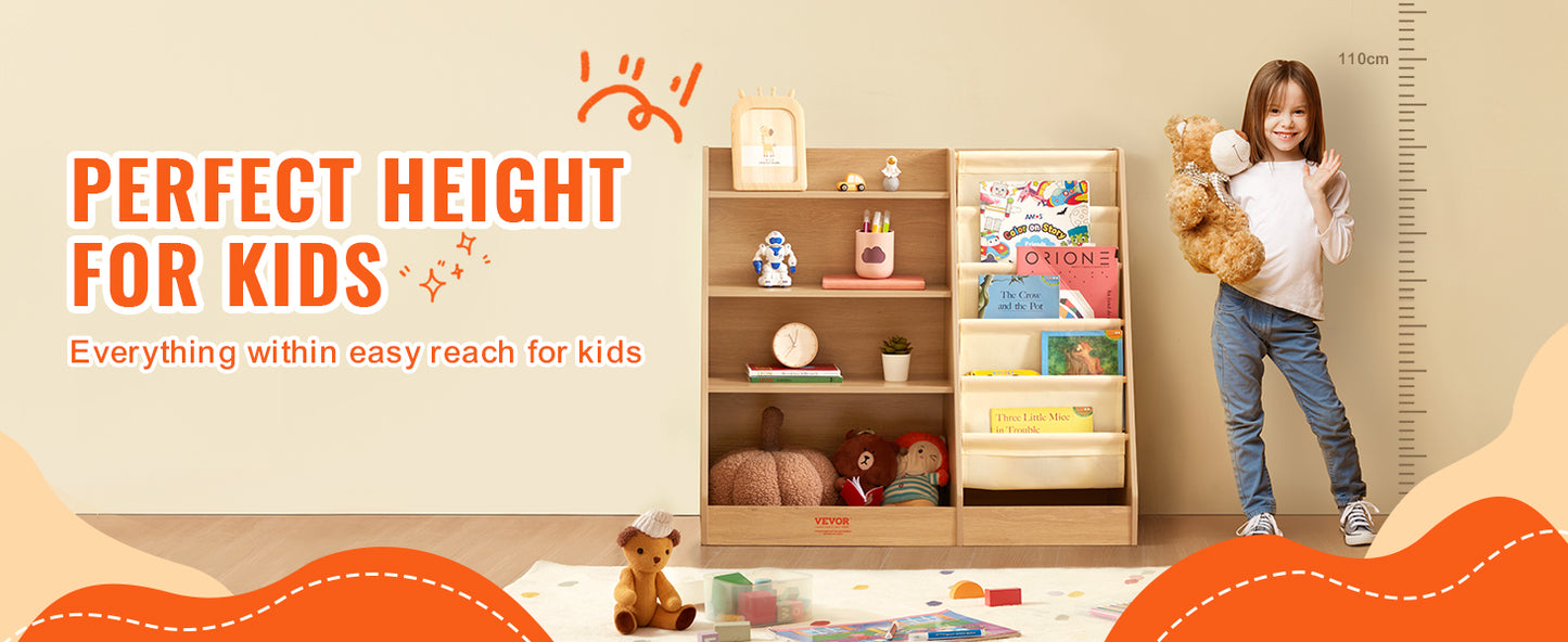 VEVOR 4-Tier Kids Wooden Bookshelf Six-Layer Sling Bookcase Baby Storage Book Rack for Kids Room Playroom Kindergarten Nursery