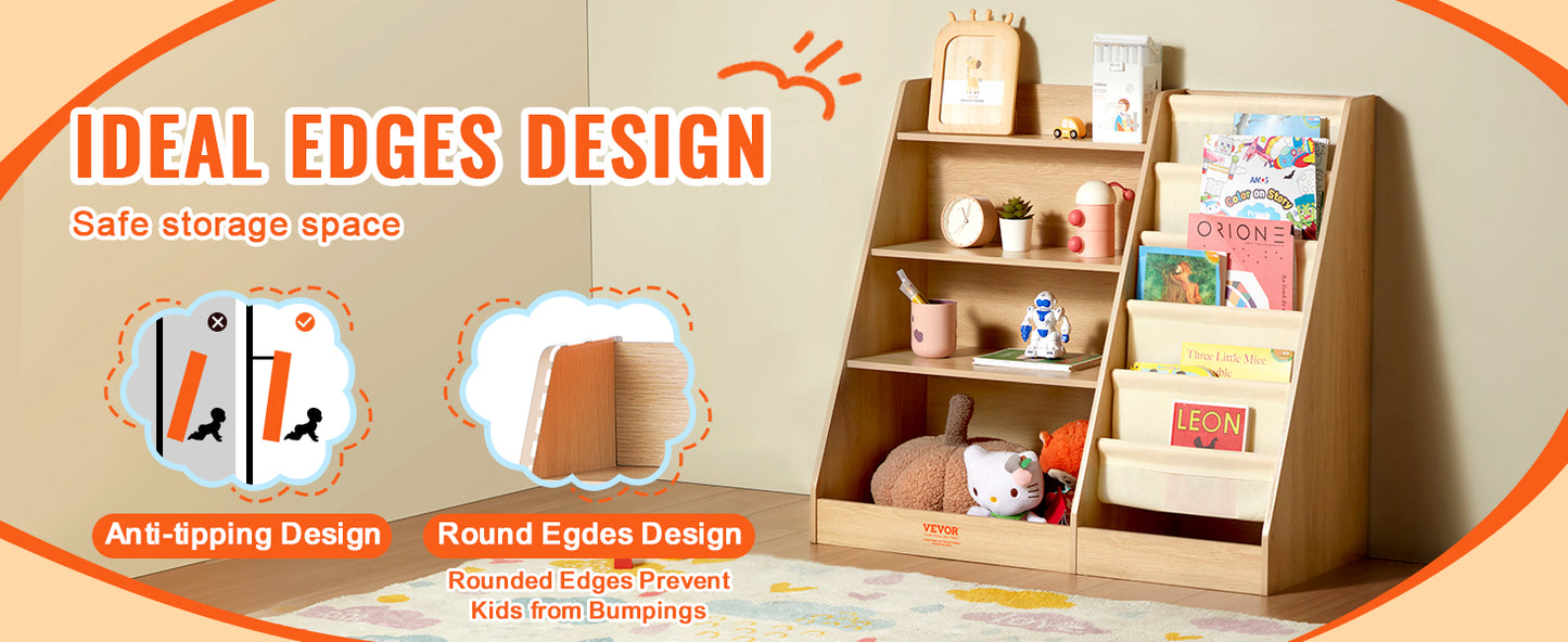 VEVOR 4-Tier Kids Wooden Bookshelf Six-Layer Sling Bookcase Baby Storage Book Rack for Kids Room Playroom Kindergarten Nursery