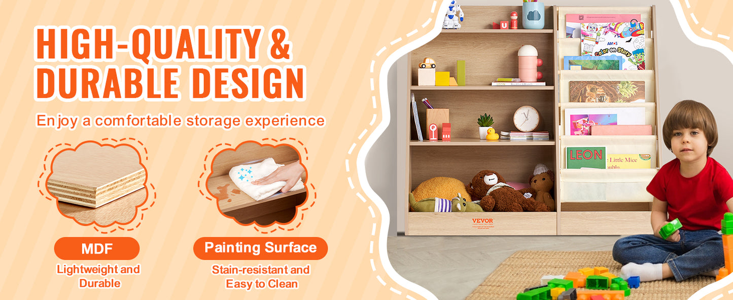 VEVOR 4-Tier Kids Wooden Bookshelf Six-Layer Sling Bookcase Baby Storage Book Rack for Kids Room Playroom Kindergarten Nursery