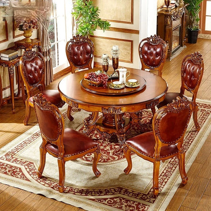 European dining table chairs combined with solid wood carved marble round table with turntable high-end luxury log round table