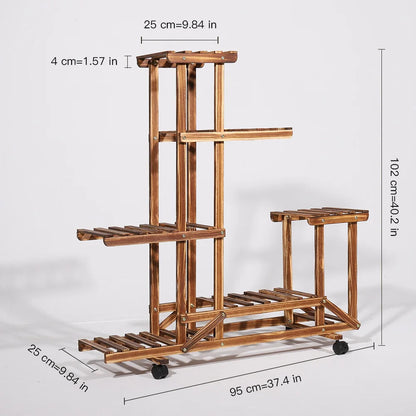 UNHO Wooden Plant Stand with Wheels Multi-Layer Rolling Plant Flower Display Shelf Indoor Movable Storage Rack Holder Outdoor fo