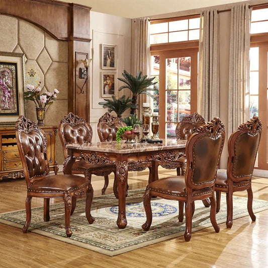 European-Style Antique Marble Dining Table & Chairs