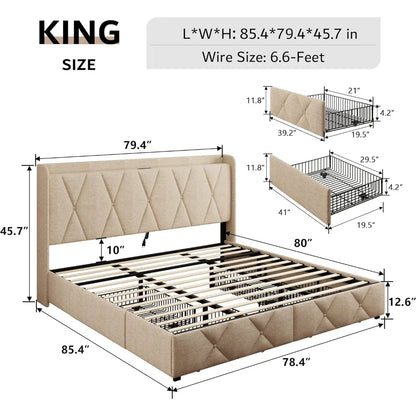 King Size Bed Frame with 4 Storage Drawers,Upholstered Platform Bed Frame with Charging Station,Wingback Storage Headboard