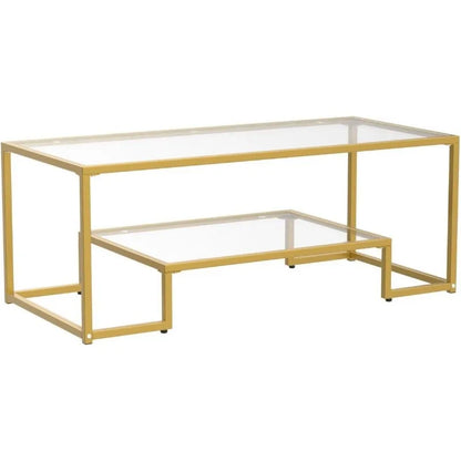 Golden Metal Glass Coffee Table - Two-Tiered with Tempered Glass, Stylish Metal Frame Coffee Table for Bedroom, Dining Room