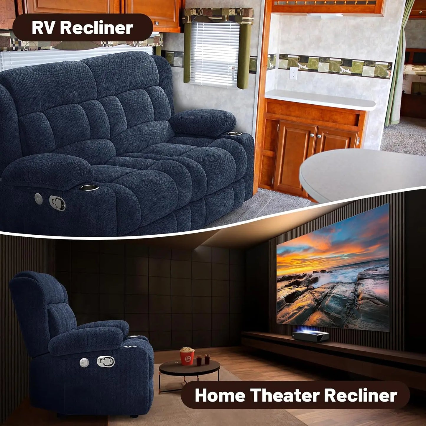 Loveseat Recliner Sofa, 2 Seater Minimalist Style Fabric Manual Pull Tab Reclining Loveseat with USB Charge Ports, Cup Holders