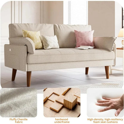 Modern Loveseat with USB Port & Solid Wood Legs