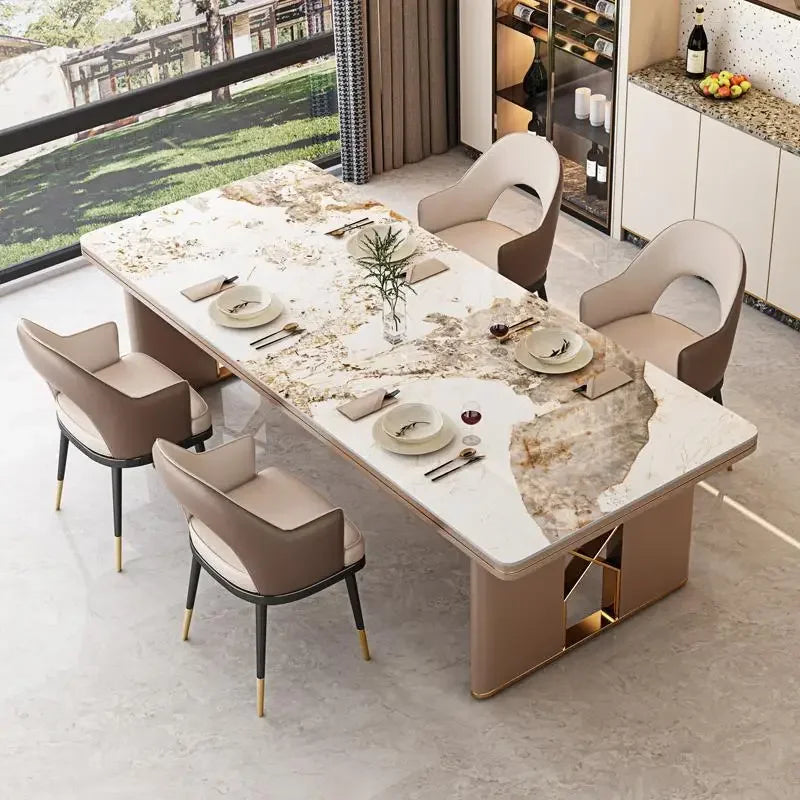 Luxury light rock plate dining tables and chairs Modern simple marble villa rectangular dining table