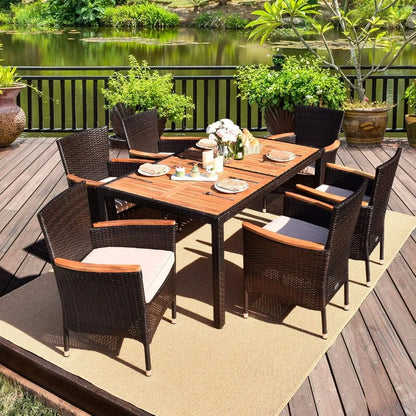 7 Piece Outdoor Patio Dining Set with Acacia Wood Table Top, Polyester Wicker Dining Table and Chair Set (Brown)