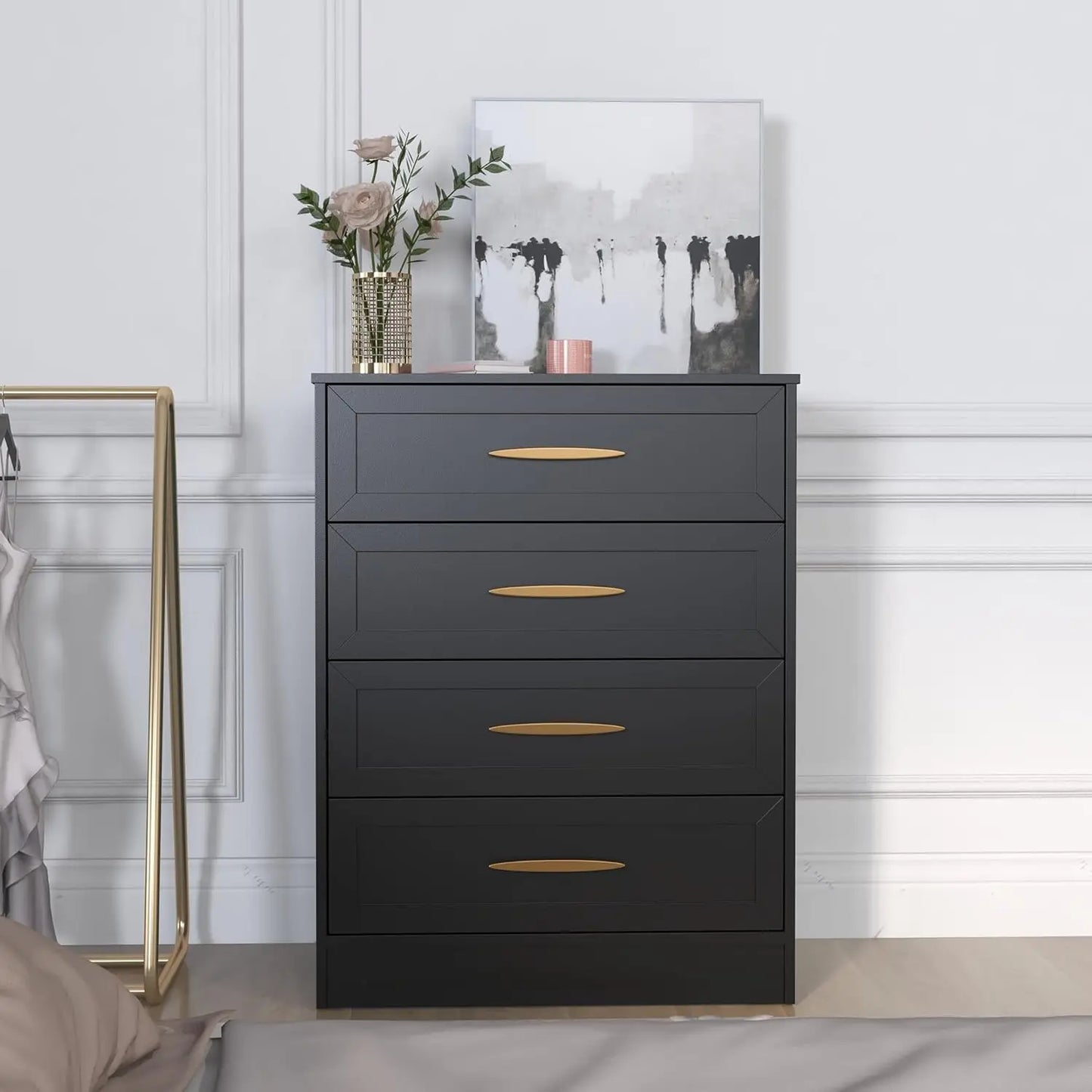 4-Drawer Dressers Set of 2 Black Chest of Drawers with Gold Handle & Wide Drawers 35.8" Tall Storage Cabinets for Living Rooms