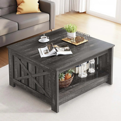 Square Coffee Table, Farmhouse Coffee Table with Half Open Storage Compartment, Rustic Gray