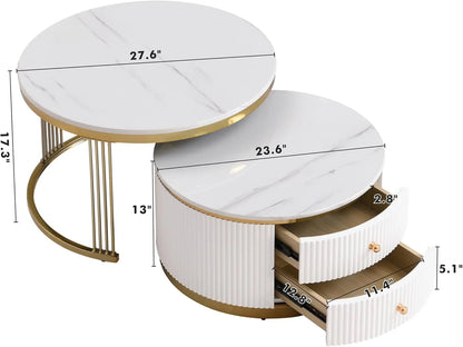 27.6, Gold+White Modern 2 Pieces Round Nesting Coffee Table with Drawers