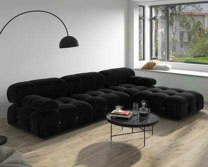 Minimalist Black Velvet Sectional Sofa with Ottomans