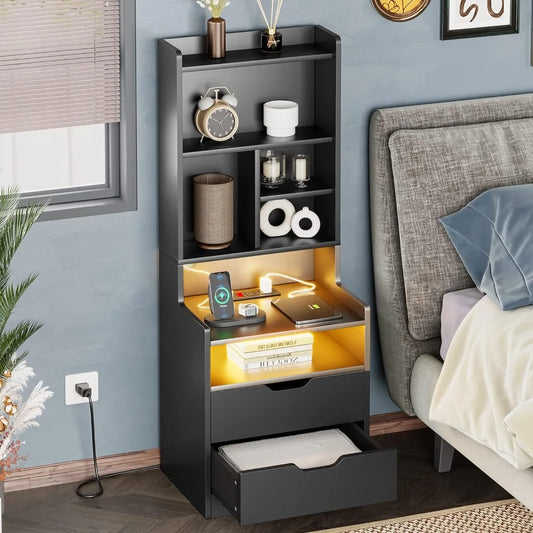 Nightstands, LED Night Stand with Charging Station, Bookshelf,Bedside Table with Power Outlets, End Side Table for Bedrooms