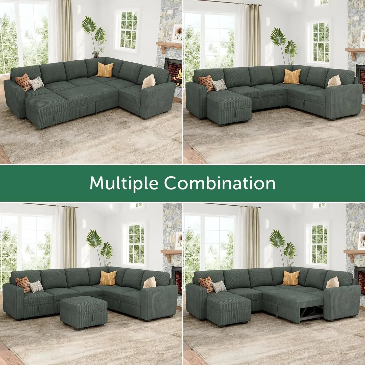 Modular Sectional Sleeper Sofa with Pull Out Bed,Corduroy Sectional CouchOttoman,U Shaped Sectional Couches Living Room,Green