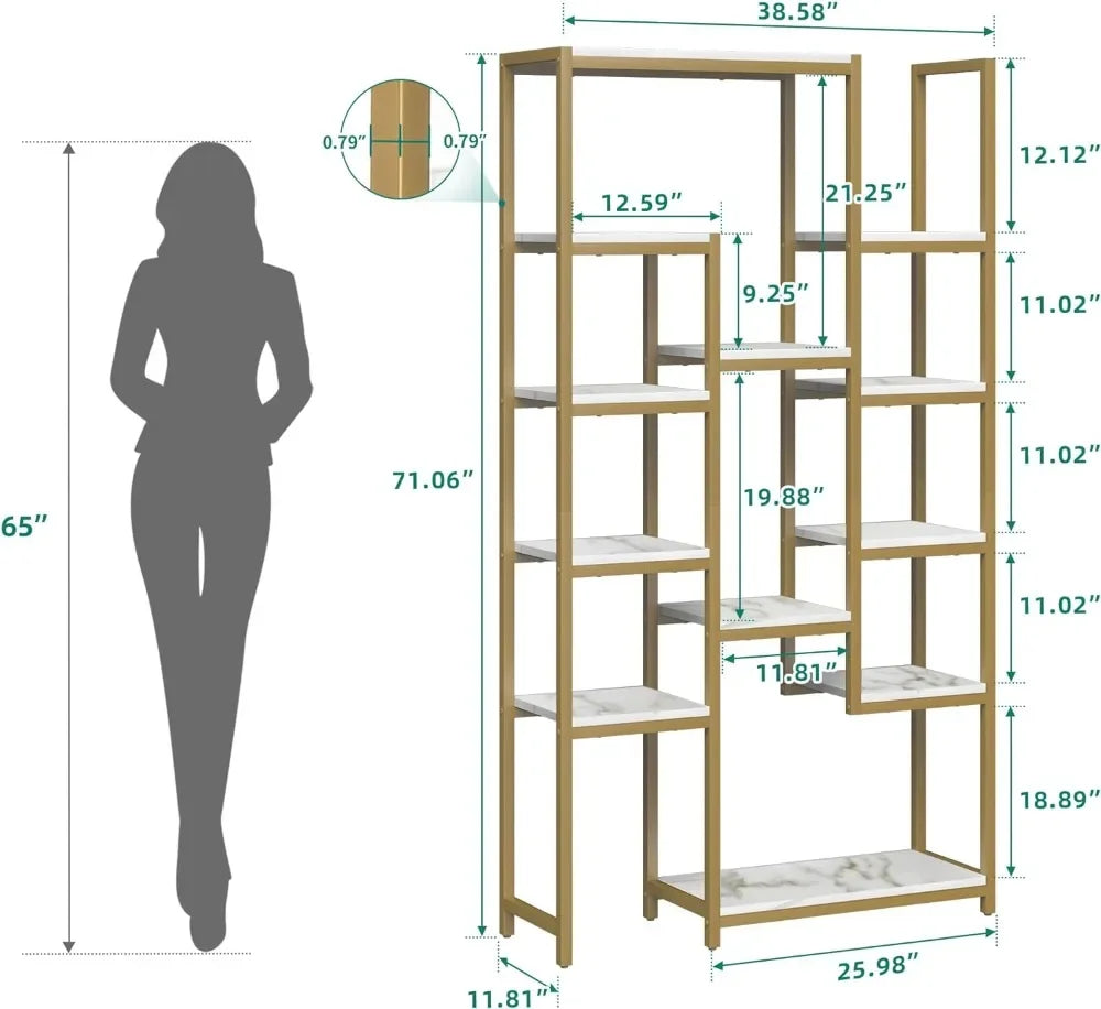 71” 6-Tier Gold Bookshelf with Faux Marble, 12 Open Shelves