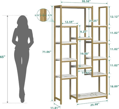 71” 6-Tier Gold Bookshelf with Faux Marble, 12 Open Shelves