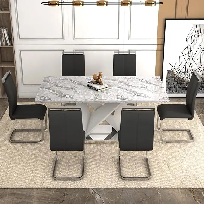 Dining Table Set for 6 Faux Marble Dining Room Table Set 71'' Rectangular Kitchen Table with 6 PU Leather Upholstered Chairs