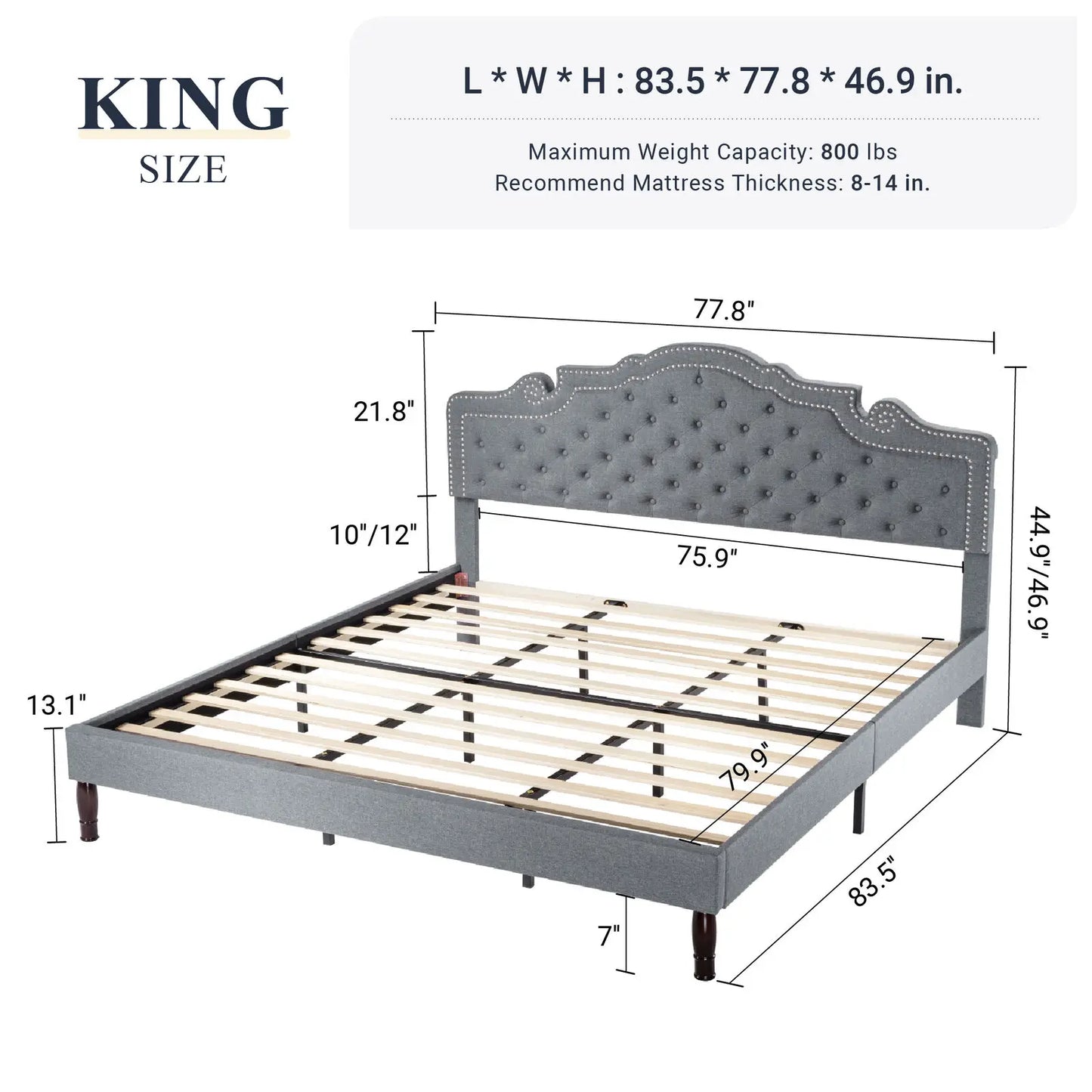 King Size Platform Bed Frame with Diamond Button Adjustable Headboard