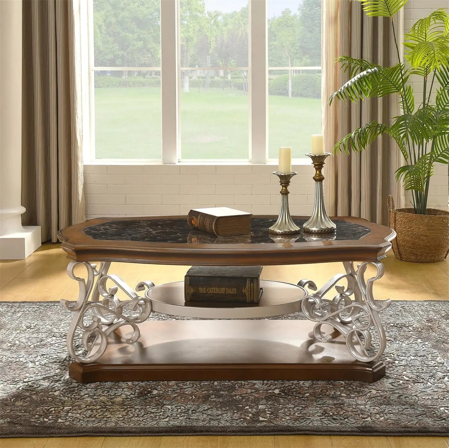 2-Tier Brown Vintage Wooden Coffee Table, Retro Glass Tea Table Top Carved Flower Shaped Table Legs Small Space Apartment Office