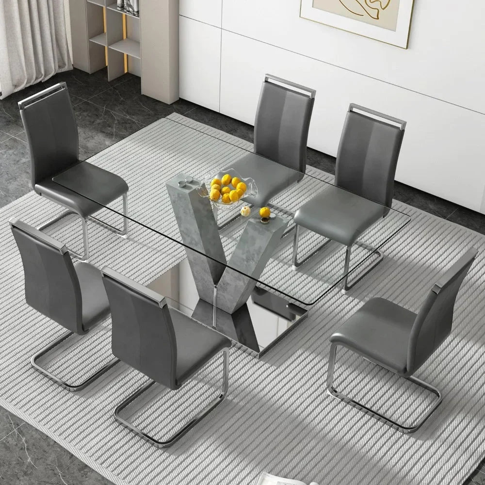 Dining Table, 71 Inch, Gray Dining Table with 6 PU Leather Dinings Chairs, Kitchen Tables and Chairs, Glass Dinings Tables Set