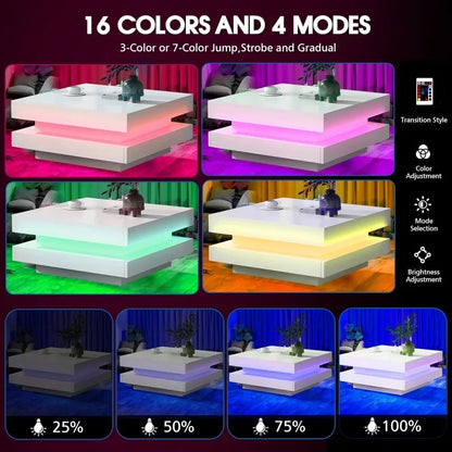 LED Coffee Table for Living Room, 2-Tier Square Center Table, High Gloss Coffee Table with 7-Color Plug-in LED Light