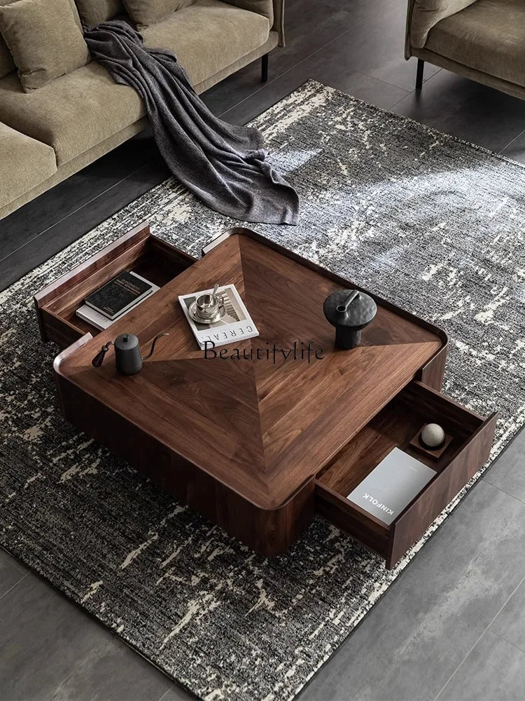 Italian Minimalist Chinese Style Black Walnut Solid Wood Tea Table Square Storage Modern Minimalist