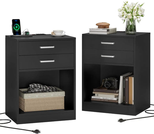 Night Stand Set 2 Black Nightstand with Charging Station & Drawers Night Stands for Bedrooms Set of 2 Bedside Table with Drawers