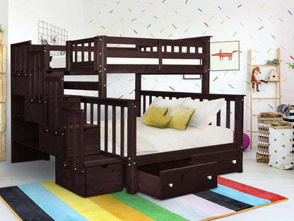 Stairway Bunk Beds Twin Over Full with 4 Drawers in The Steps and 2 Under Bed Drawers Dark Cherry No Particle Board