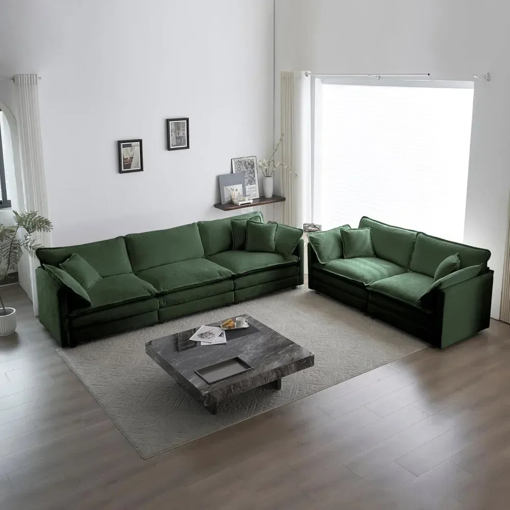 2 Piece Living Room Furniture Set, Green Chenille Deep Seat Loveseat and Sofa Set, Modern Luxury Sectional Cloud Couches