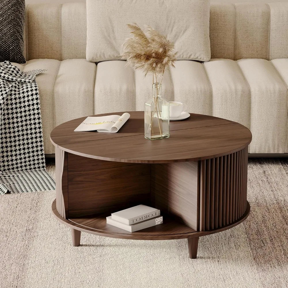 Round Coffee Table with Storage,Mid Century Modern Coffee Table with Sliding Cabinet Door,Coffee Table for Living Room,31.5" Sma