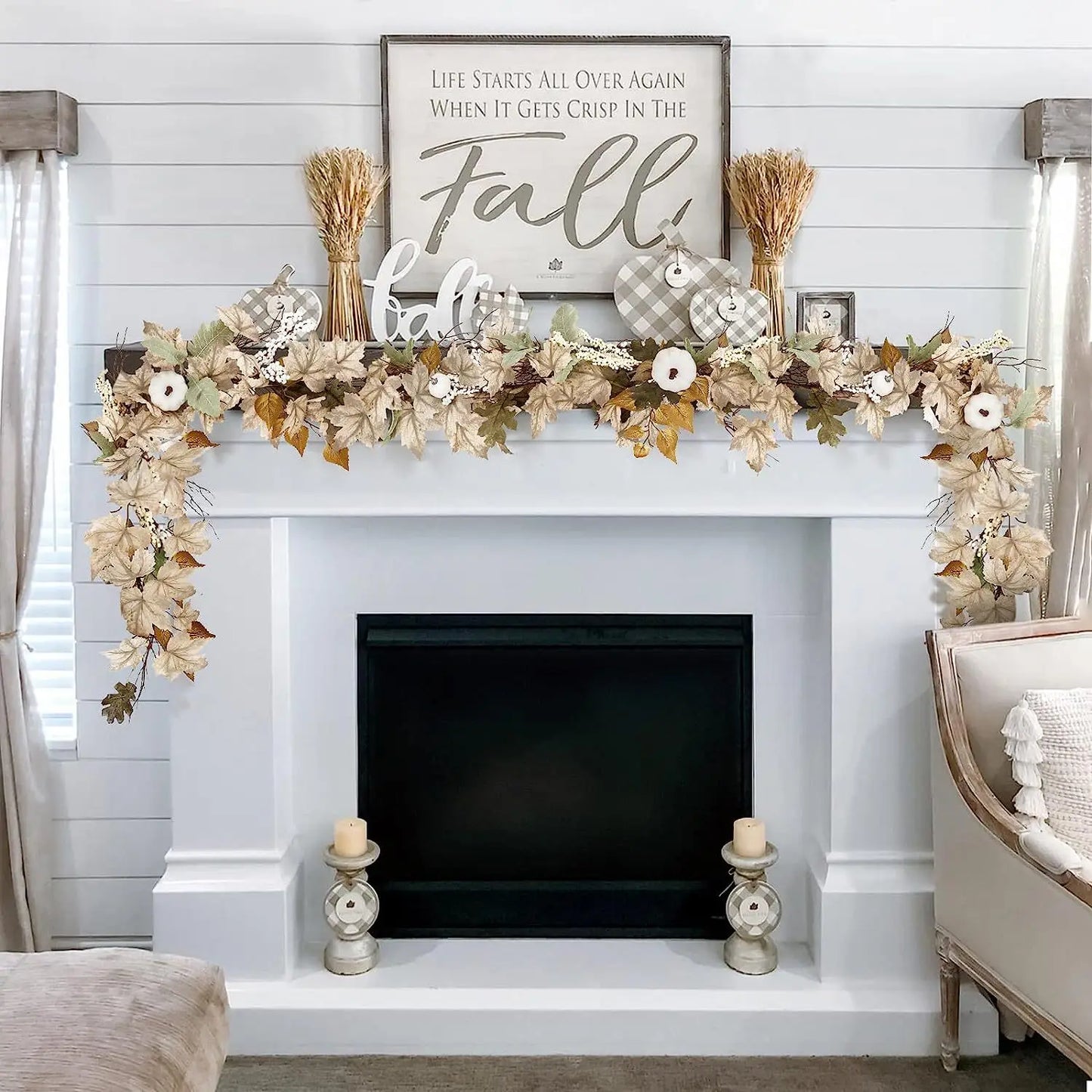 Fall Garland with Maple Leaves, Pumpkins and Berries for Home Decor