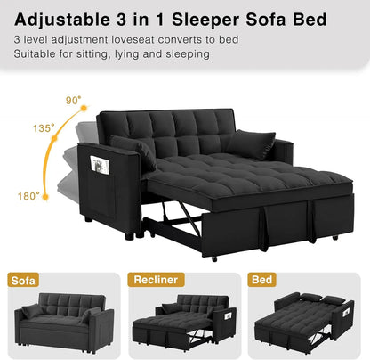 3 in 1 Convertible Sleeper Sofa Bed, Futon Couches for Living Room with Side Pocket, Adjustable Backrest, Velvet Fabric