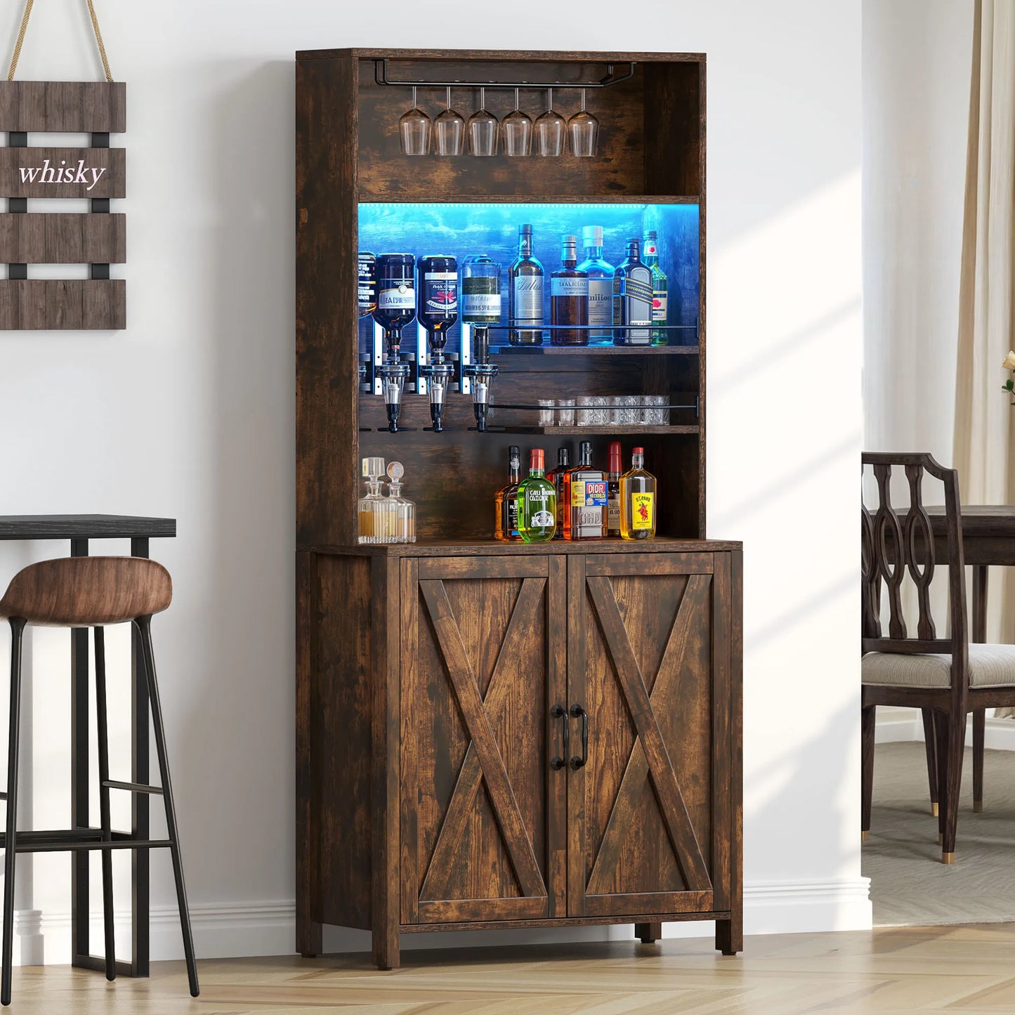 Farmhouse Bar Cabinet w/LED Lights, Tall Wine Bar Cabinet for Liquor & Glasses, Liquor Cabinet w/ 4-Bottle Liquor Dispenser