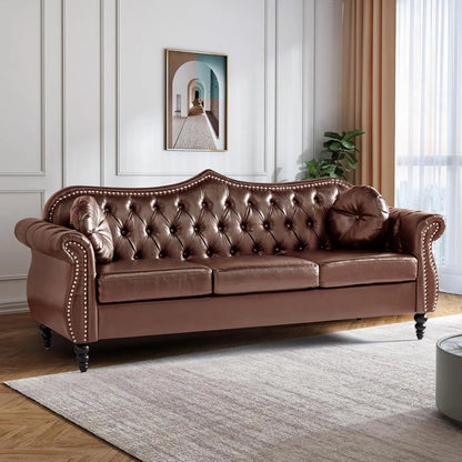 1 - AVZEAR 82" Three Seater Sofa, Chesterfield Sofa, Mid-Century Modern PU Upholstered Sofa, Deep Button Tufted Living Room Sofa wit